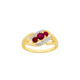 9ct+Gold+Natural+Ruby+%26+Diamond+Trilogy+Ring