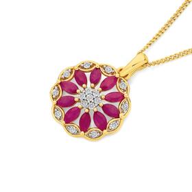 9ct-Gold-Natural-Ruby-Diamond-Wreath-Flower-Pendant on sale