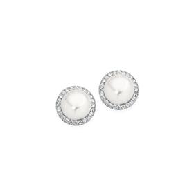 Sterling+Silver+7.5mm+Cultured+Freshwater+Pearl+%26amp%3B+Cubic+Zirconia+Cluster+Earrings