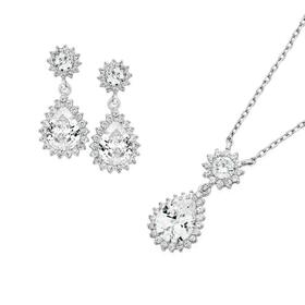 Sterling+Silver+Pear+Cubic+Zirconia+Cluster+Pendant+%26amp%3B+Earring+Set