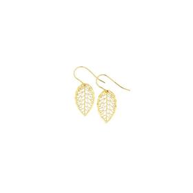 9ct+Gold+Diamond-Cut+Open+Leaf+Hook+Drop+Earrings