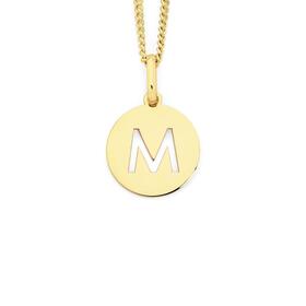 9ct+Gold+Initial++M++Sanserif+Round+Disc+Pendant