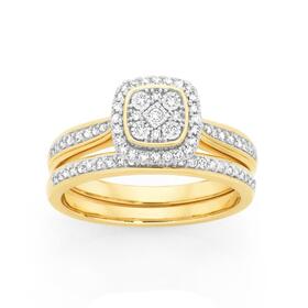 9ct+Gold+Diamond+Cushion+Shaped+Bridal+Set