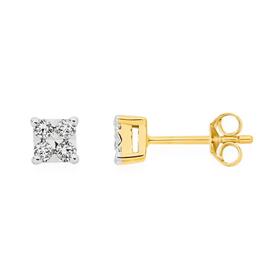 9ct+Gold+Diamond+Square+Stud+Earrings