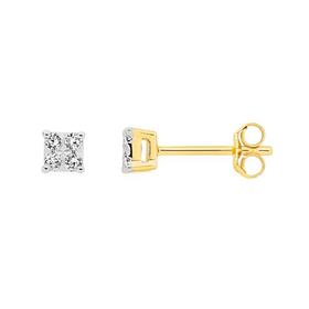 9ct+Gold+Diamond+Square+Stud+Earrings