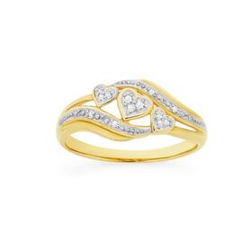 9ct+Gold+Diamond+Triple+Hearts+Swirl+Ring