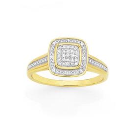 9ct-Gold-Diamond-Cushion-Shape-Shoulder-Set-Dress-Ring on sale