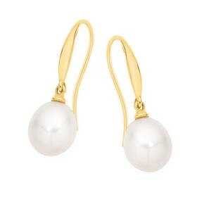 9ct+Gold+Cultured+Freshwater+Pearl+Tear+Drop+Shepherd+Hook+Earrings