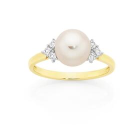 9ct+Gold+Cultured+Freshwater+Pearl+%26+Diamond+Ring