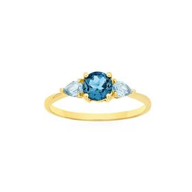 9ct+Gold+London+Blue%2C+Swiss+Blue+Topaz+Trilogy+Ring