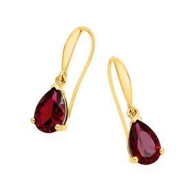 9ct+Gold+Created+Ruby+Pear+Cut+Drop+Earrings