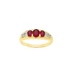 9ct-Gold-Created-Ruby-Diamond-Tilogy-Ring on sale