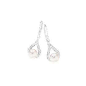 Sterling-Silver-Cultured-Freshwater-Pearl-Cubic-Zirconia-Open-Pear-Drops on sale