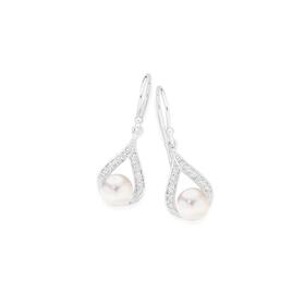 Sterling-Silver-Pearl-Cubic-Zirconia-Pear-Drop-Hook-Earrings on sale