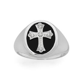 Sterling-Silver-Cubic-Zirconia-Fancy-Cross-Oval-Black-Agate-Signet-Gents-Ring on sale