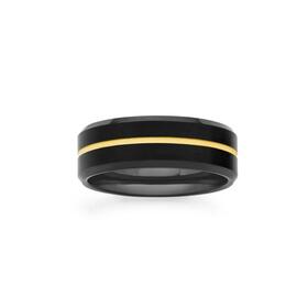 Tungsten+Carbide+Black+Yellow+Gold+Centre+Line+Ring