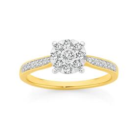 9ct+Two+Tone+Gold+Diamond+Round+Cluster+Ring