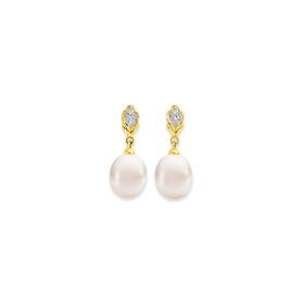 9ct+Gold+Cultured+Freshwater+%26+Diamond+Drop+Earrings