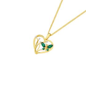 9ct+Gold+Created+Emerald+%26+Diamond+Butterfly+Heart+Pendant