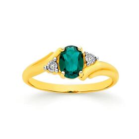 9ct+Gold+Created+Emerald+%26+Diamond+Ring