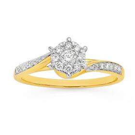 9ct+Gold+Diamond+Cluster+Ring