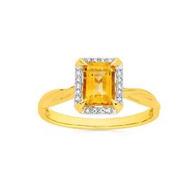 9ct+Gold+Citrine+%26+Diamond+Emerald+Cut+Ring