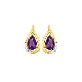 9ct+Gold+Amethyst+%26amp%3B+Diamond+Tear+Drop+Stud+Earrings