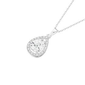Sterling-Silver-Pear-Cubic-Zirconia-Halo-Pendant on sale