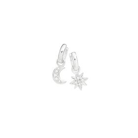 Sterling+Silver+Cubic+Zirconia+Moon+%26amp%3B+Star+on+Hoop+Mismatched+Earrings