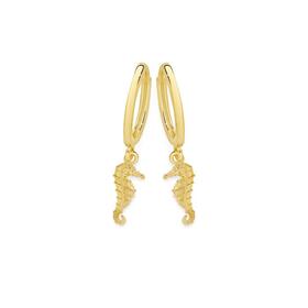 9ct+Gold+Seahorse+Drop+Huggie+Earrings