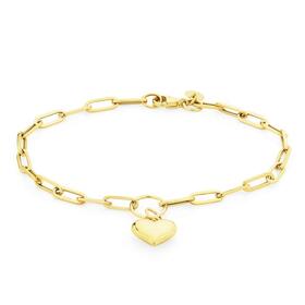 9ct+Gold+18.5cm+Paperclip+with+Heart+Charm+Bracelet