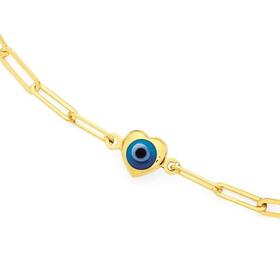 9ct-Gold-19cm-Heart-Evil-Eye-Paperclip-Trace-Bracelet on sale