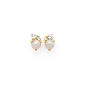 9ct+Gold+Cultured+Freshwater+Pearl+%26amp%3B+Cubic+Zirconia+Stud+Earrings