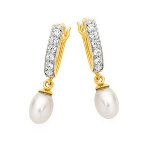 9ct+Gold+Cultured+Freshwater+Pearl+%26amp%3B+Cubic+Zirconia+Hoop+Earrings