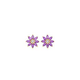 9ct+Gold+Amethyst+%26+Diamond+Flower+Stud+Earrings