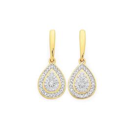 9ct+Gold+Diamond+Pear+Cluster+Drop+Stud+Earrings