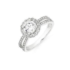 Sterling+Silver+Cubic+Zirconia+Round+Halo+Split+Band+Ring