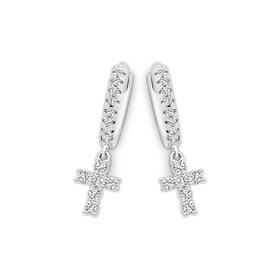 Sterling+Silver+Cubic+Zirconia+Cluster+Cross+On+Huggie+Earrings