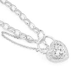 Silver+CZ+Halo+Heart+Oval+Belcher+Padlock+Bracelet