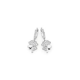 Silver+CZ+Pave+Hearts+4+Leaf+Clover+On+CZ+Hoop+Earrings