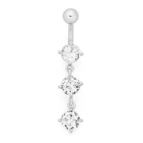 Silver-Steel-Three-Cubic-Zirconia-Belly-Bar on sale