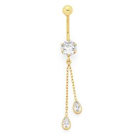 9ct+Gold+Round+Cubic+Zirconia+with+Pear+Trace+Drop+Belly+Bar