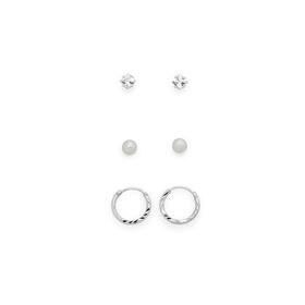 Silver+CZ%2C+Pearl+%26+Twist+Sleepers+Set+Of+3+Earrings