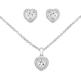 Sterling-Silver-Cubic-Zirconia-Heart-Halo-Pendant-Earrings-Set on sale