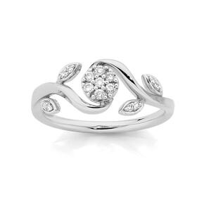 9ct+White+Gold+Diamond+Flower+%26amp%3B+Leaf+Ring