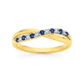 9ct+Gold+Natural+Sapphire+%26+.10ct+Diamond+Crossover+Ring