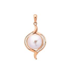 9ct+Rose+Gold+Natural+Cultured+Freshwater+Pearl+%26+.18ct+Diamond+Swirl+Pendant