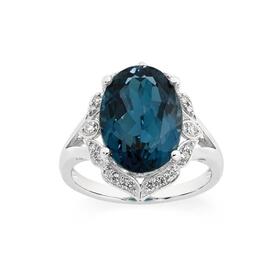 9ct+White+Gold+London+Blue+Topaz+%26+.10ct+Diamonds+Ring