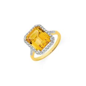 9ct+Gold+Citrine+%26+.35ct+Diamond+Ring