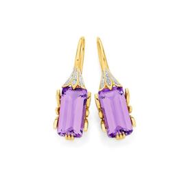 9ct+Gold+Amethyst+%26amp%3B+Diamonds+Emerald+Cut+Deco+Inspired+Earrings